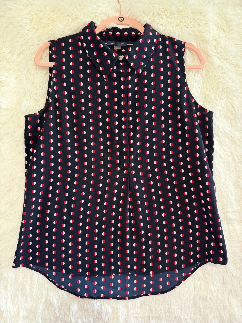 Tommy Hilfiger Womens Preppy Sleeveless Polka Dot Top M Navy Quiet Luxury Office